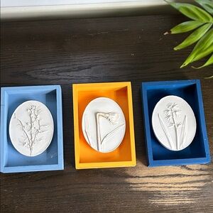 Floral Relief Art Sculpture Set in Blue, Yellow, and White